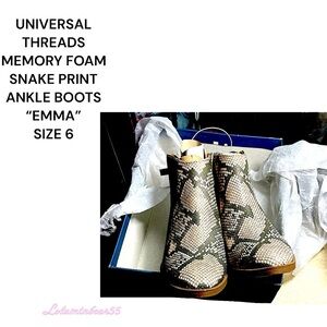 UNIVERSAL THREADS “EMMA” MEMORY FOAM SNAKE PRINT ANKLE BOOTS, SIZE 6, NEW IN BOX